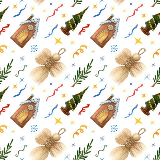 Preview — Seamless 3D PBR Texture of Watercolor Christmas Digital Paper Pattern with Gingerbread Houses and Trees