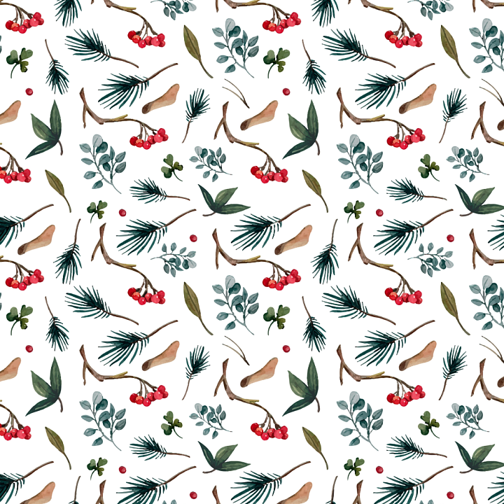 Watercolor Christmas with Red Berries and Greenery seamless PBR texture preview