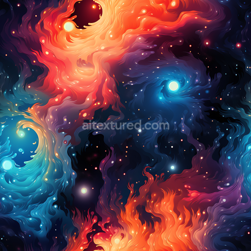Seamless 3D Space PBR Texture Featuring Vibrant Nebulae with Fiery Orange and Cool Blue Swirls
