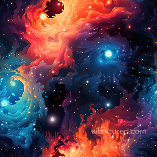 Space PBR Texture Featuring Vibrant Nebulae with Fiery Orange and Cool Blue Swirls seamless Star, space, planets PBR texture