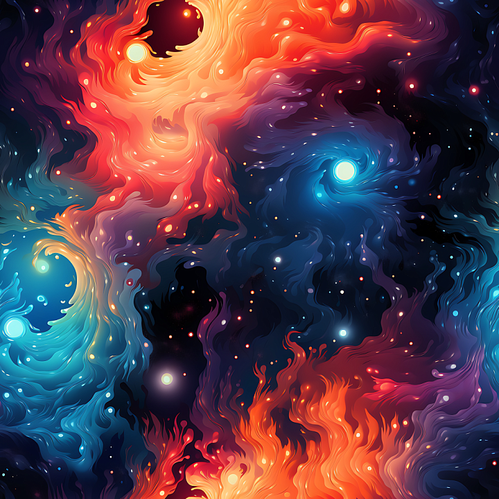 Space Featuring Vibrant Nebulae with Fiery Orange and Cool Blue Swirls seamless PBR texture preview