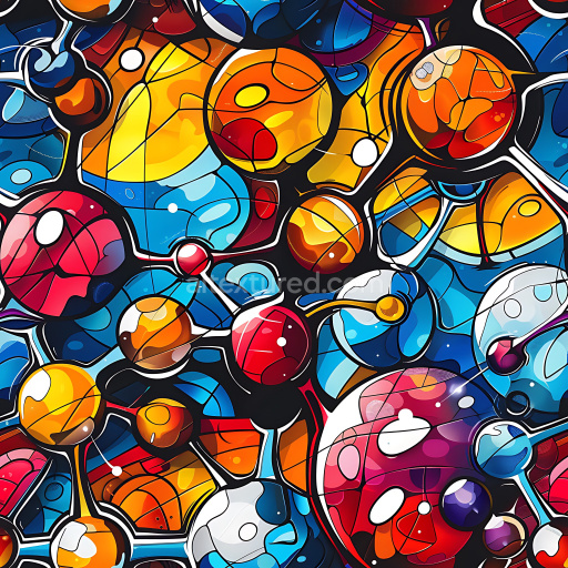 Seamless 3D PBR Graffiti Texture Featuring Colorful Abstract Molecular Spheres