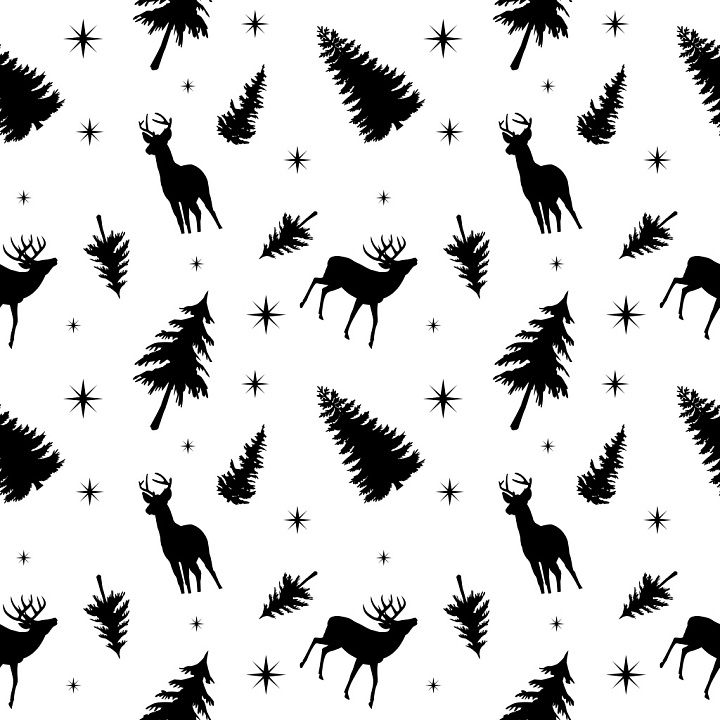 Pattern with Black Silhouette Reindeer and Christmas Pine Trees Wood seamless PBR texture preview