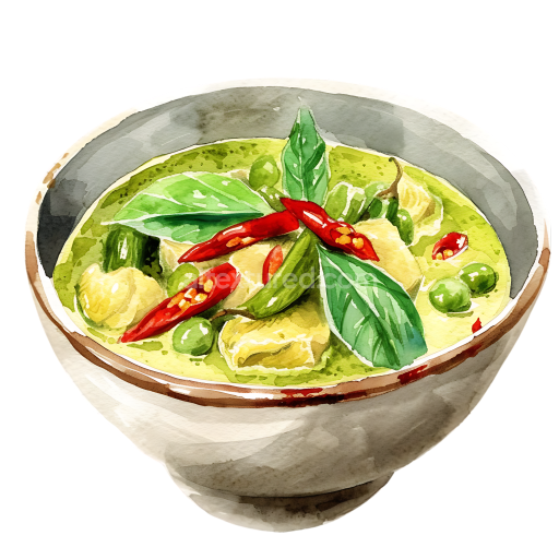 Breakfast Green Chicken Curry Bowl Illustration with Basil and Red Chili