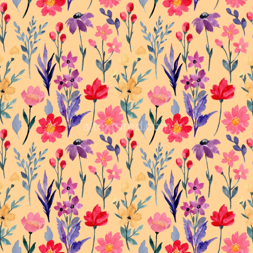 Seamless 3D PBR Floral Fabric Texture with Watercolor Flowers on Peach Background