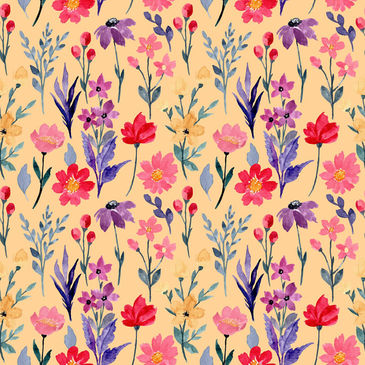 Floral Fabric with Watercolor Flowers on Peach Background seamless PBR texture preview