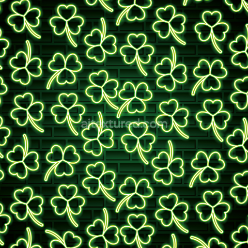 Seamless 3D PBR Neon Shamrock Pattern Texture with Dark Brick Background