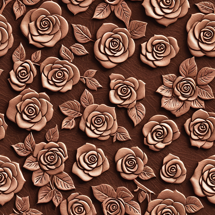 Embossed Rose Leather In Rich Brown With Detailed Floral Relief seamless PBR texture preview