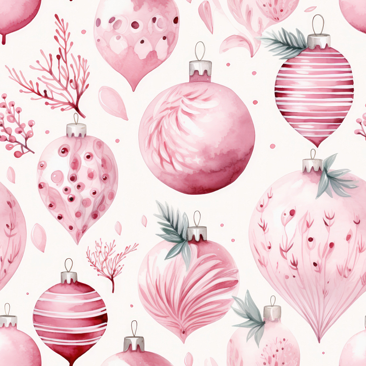 All Christmas Digital paper of Pink Watercolor Christmas Ornaments and… seamless PBR texture preview