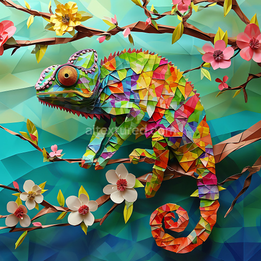 Seamless 3D PBR Texture Featuring Vibrant Origami-Style Chameleon Pattern