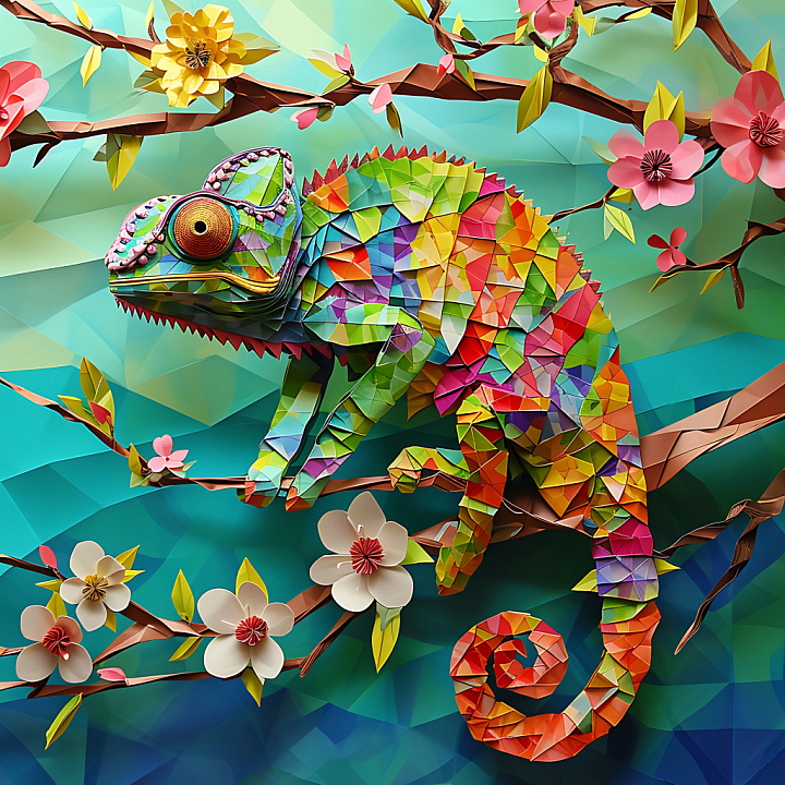Featuring Vibrant Origami-Style Chameleon Pattern seamless PBR texture preview