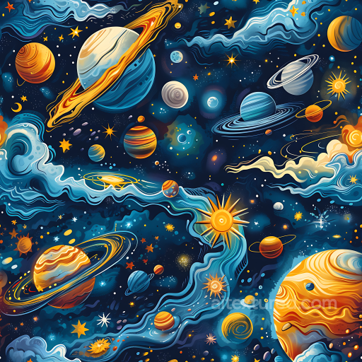 Space PBR Texture Featuring Stylized Planets, Nebula Clouds, and Starfields seamless Star, space, planets PBR texture