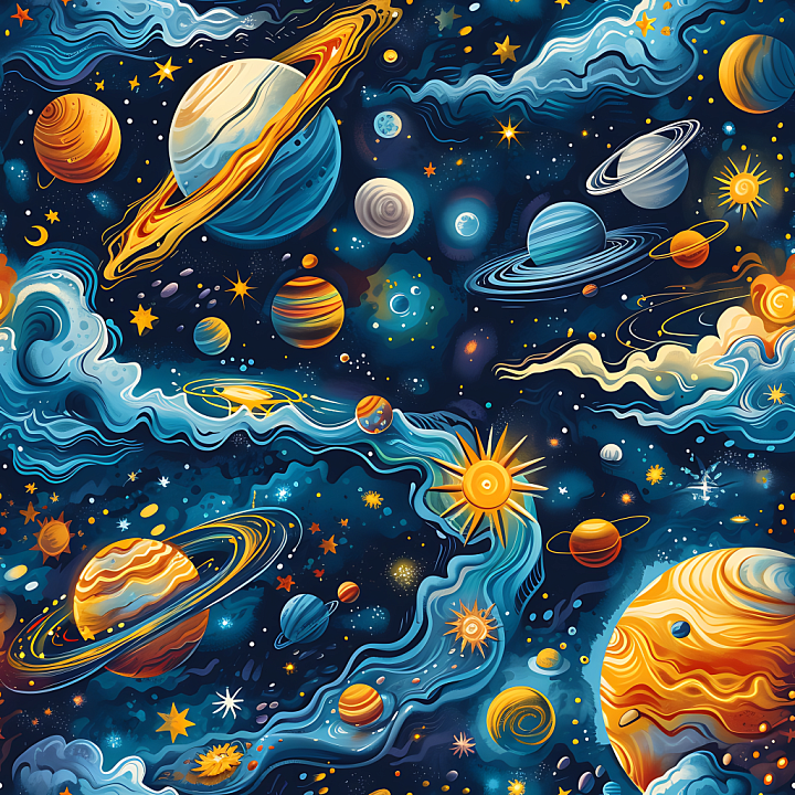 Space Featuring Stylized Planets, Nebula Clouds, and Starfields seamless PBR texture preview