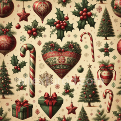 seamless Seamless 3D PBR Texture of Vintage Christmas Digital Paper with Ornaments and Holly texture 8k free download PBR