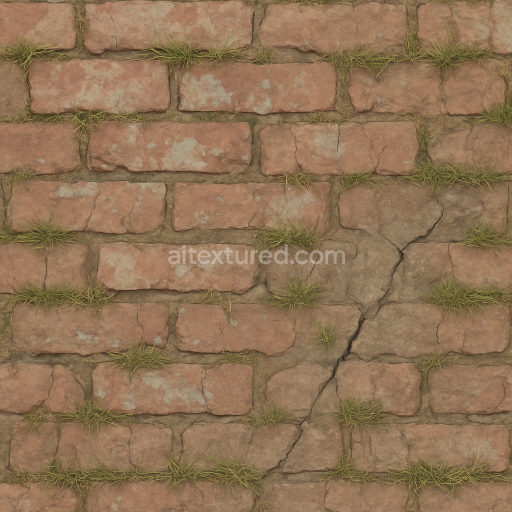 Preview — Seamless 3d texture pbr 8k brick weathered with faded paint and patchy grass cracks