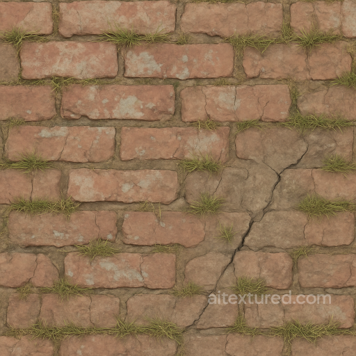 Brick Weathered With Faded Paint And Patchy Grass Cracks seamless Park pavement PBR texture