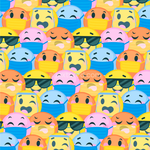 Seamless 3D PBR Texture of Colorful Happy Face Emoji Pattern with Masks and Sunglasses