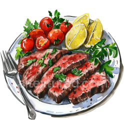 seamless Watercolor Steak Platter Breakfast Graphic with Cherry Tomatoes and Lemon texture 8k free download PBR