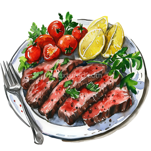 Watercolor Steak Platter Breakfast Graphic with Cherry Tomatoes and Lemon