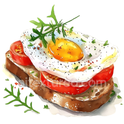 seamless Watercolor Style Breakfast Bruschetta with Fried Egg and Tomato texture 8k free download PBR