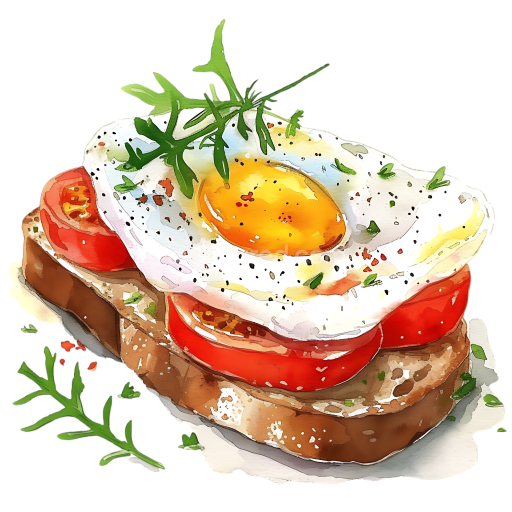Watercolor Style Breakfast Bruschetta with Fried Egg and Tomato