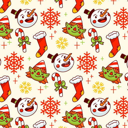 Seamless 3D PBR Christmas Pattern Fabric Texture Featuring Snowmen, Elves, Candy Canes, and Stockings