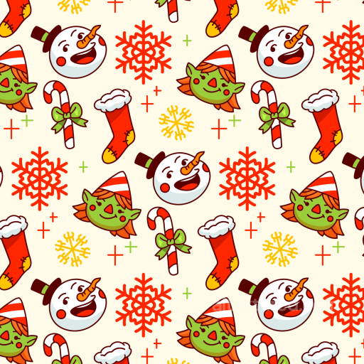 Christmas Pattern Fabric Texture Featuring Snowmen, Elves, Candy Canes, and Stockings seamless Christmas Pattern PBR texture