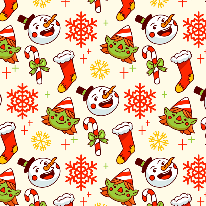 Christmas Pattern Fabric Featuring Snowmen, Elves, Candy Canes, and Sto… seamless PBR texture preview