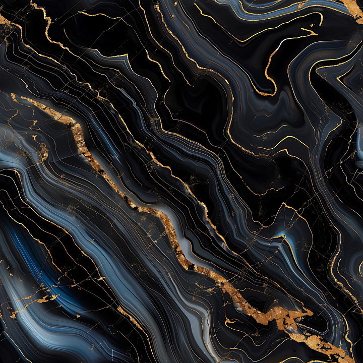 Glossy Black Marble with Gold and Blue Swirling Veins seamless PBR texture preview