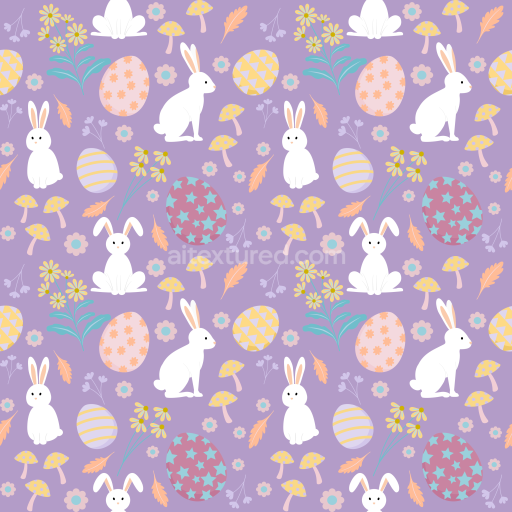 Seamless 3D PBR texture with Easter bunnies, eggs, and floral motifs on pastel purple background