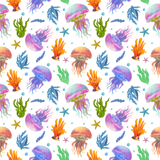 Pattern Bundle - Seamless 3D Pattern PBR Texture Featuring Vibrant Jellyfish and Ocean Flora texture preview