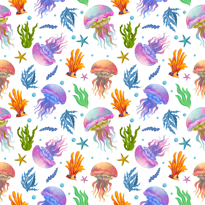 Pattern Featuring Vibrant Jellyfish and Ocean Flora seamless PBR texture preview