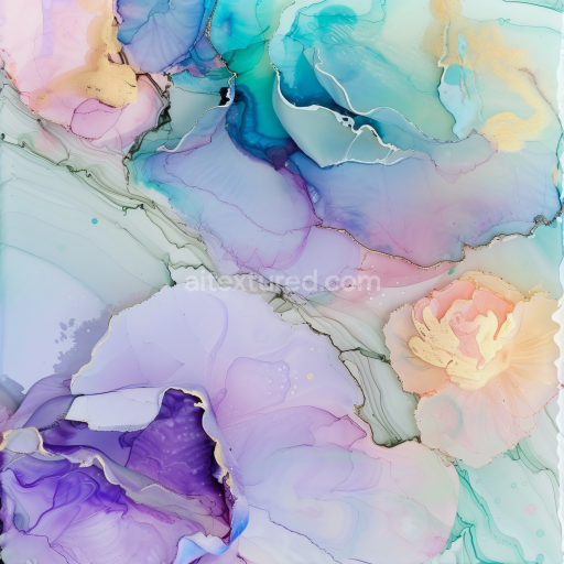 Seamless 3D Alcohol Ink PBR Texture with Pastel Floral Swirls and Gold Veins