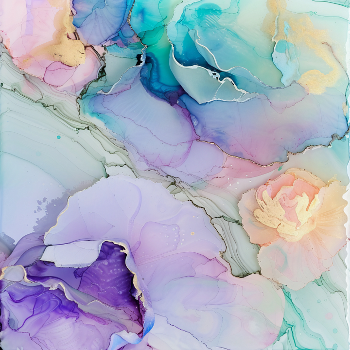 Alcohol Ink with Pastel Floral Swirls and Gold Veins seamless PBR texture preview