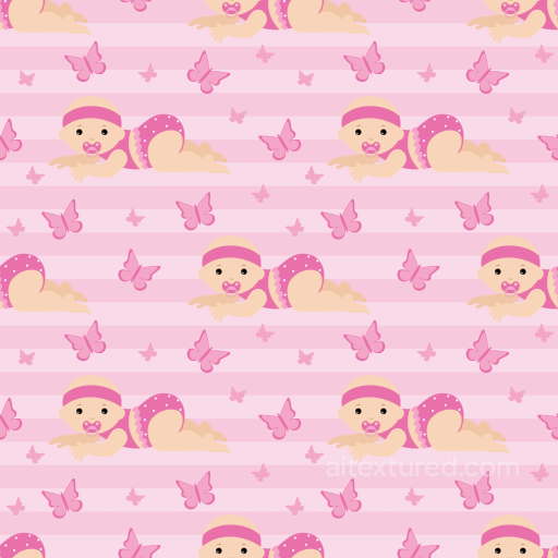 Baby Girl Cartoon Fabric Texture in Pink Stripes and Butterflies seamless Baby girl  PBR texture