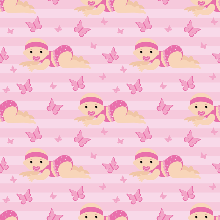 Baby Girl Cartoon Fabric in Pink Stripes and Butterflies seamless PBR texture preview