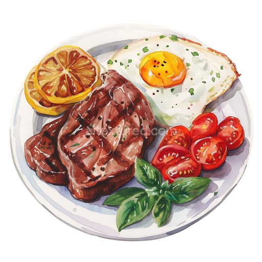 Watercolor Ribeye Beef Steak with Fried Egg and Tomatoes Breakfast Illustration