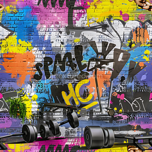 Seamless 3D PBR texture of vibrant multicolor graffiti on brick wall