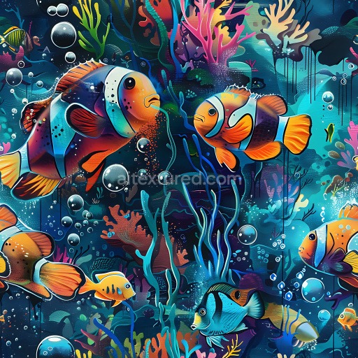 Seamless 3D PBR Graffiti Texture Featuring Vivid Underwater Fish Mural