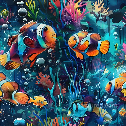 Seamless 3D PBR Graffiti Texture Featuring Vivid Underwater Fish Mural texture preview