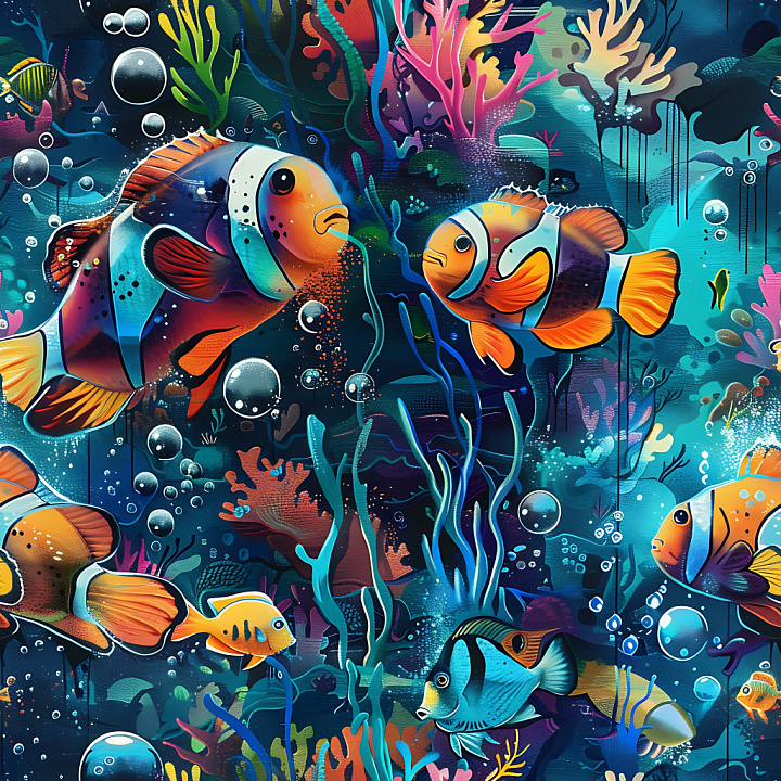 Graffiti Featuring Vivid Underwater Fish Mural seamless PBR texture preview