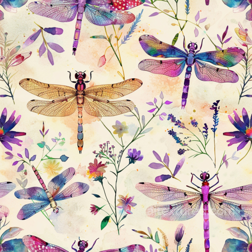 Featuring Hand-Painted Watercolor Dragonflies & Floral Pattern seamless Dragonfly PBR texture