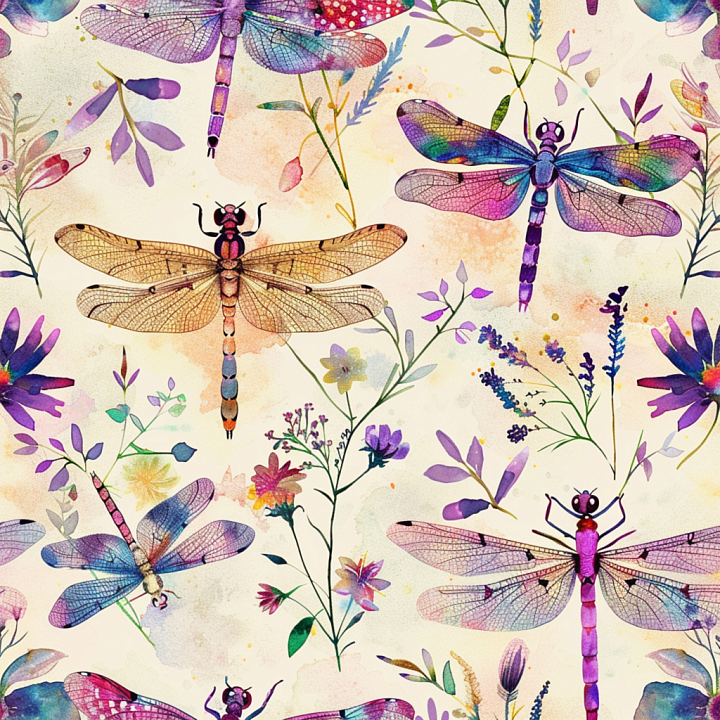 Featuring Hand-Painted Watercolor Dragonflies & Floral Pattern seamless PBR texture preview