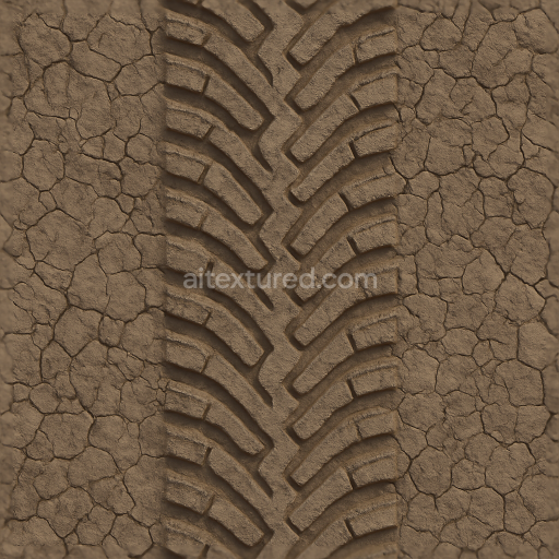 Seamless 3d texture pbr 8k motorcycle tread on rural road with zigzag tread and mud cracked soil imprint