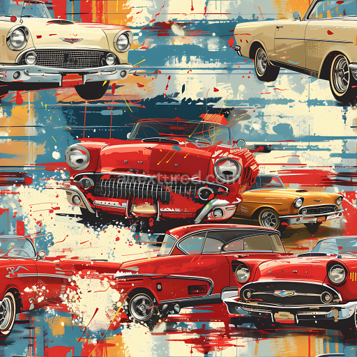 Seamless 3D PBR Graffiti Texture Featuring Vintage Car Illustrations and Colorful Paint Splatters