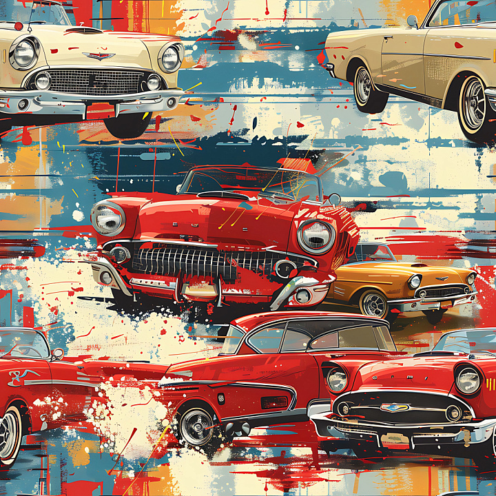 Graffiti Featuring Vintage Car Illustrations and Colorful Paint Splatte… seamless PBR texture preview