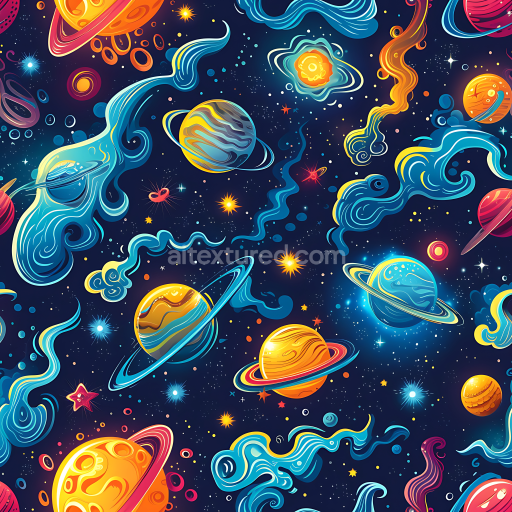 Seamless 3D Space PBR Texture Featuring Colorful Nebulae and Stylized Planets