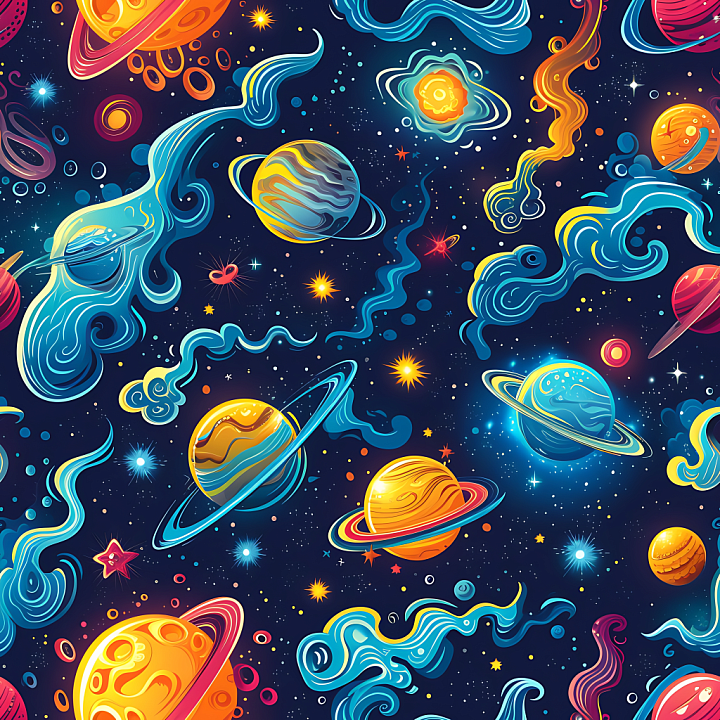 Space Featuring Colorful Nebulae and Stylized Planets seamless PBR texture preview