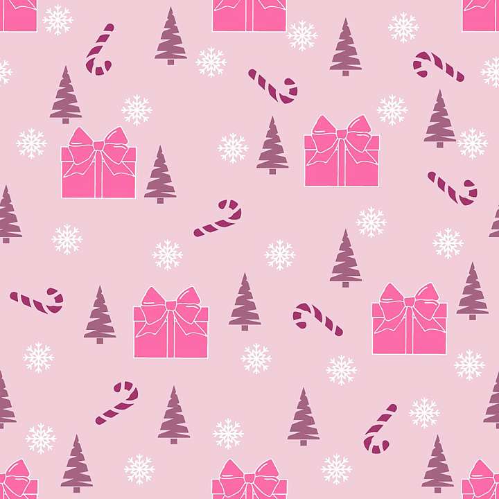 with Pink Christmas Gifts, Trees, and Candy Canes seamless PBR texture preview
