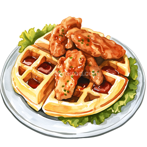 Chicken and Waffles Breakfast Plate PNG Graphic in Watercolor Style